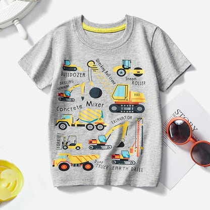 Boys' Cotton Short Sleeve T-Shirt with Cartoon Excavator Print, Breathable Summer Trend