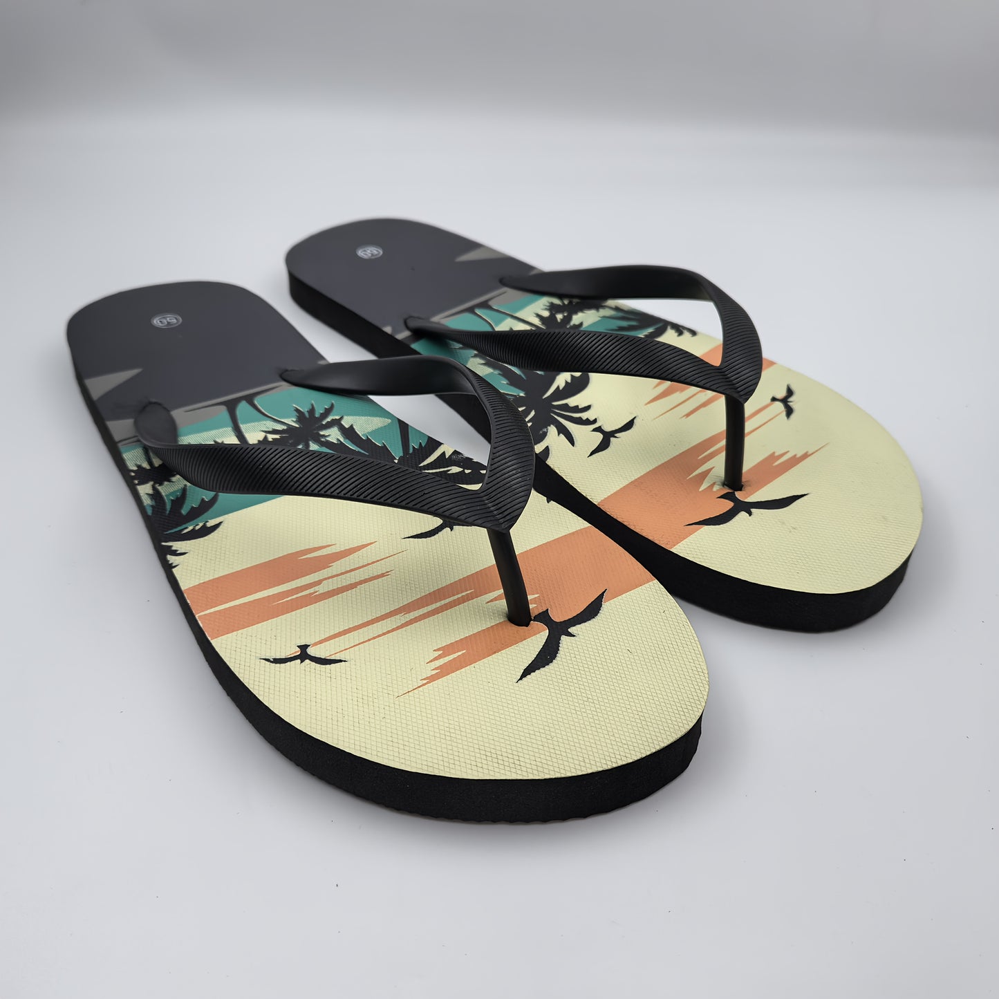 Men's Oversized Slip-On Flip Flops with Tropical Palm Tree & Sunset Print - Non-Slip Beach Sandals, Cushioned EVA Sole & Arch Support, -Resistant PVC Upper for Pool, Vacation, Casual Wear - Wide Widths Available, Vacation Foo