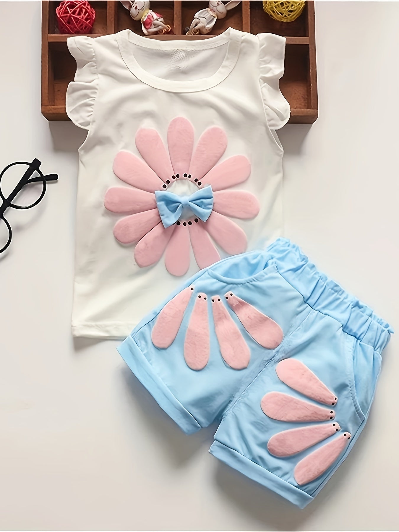 Girl's Summer Cotton Two-piece Set, Baby Girl Sunflower Print Short Sleeve Ruffled Top & Shorts Outdoor Wear Outdoor Clothing