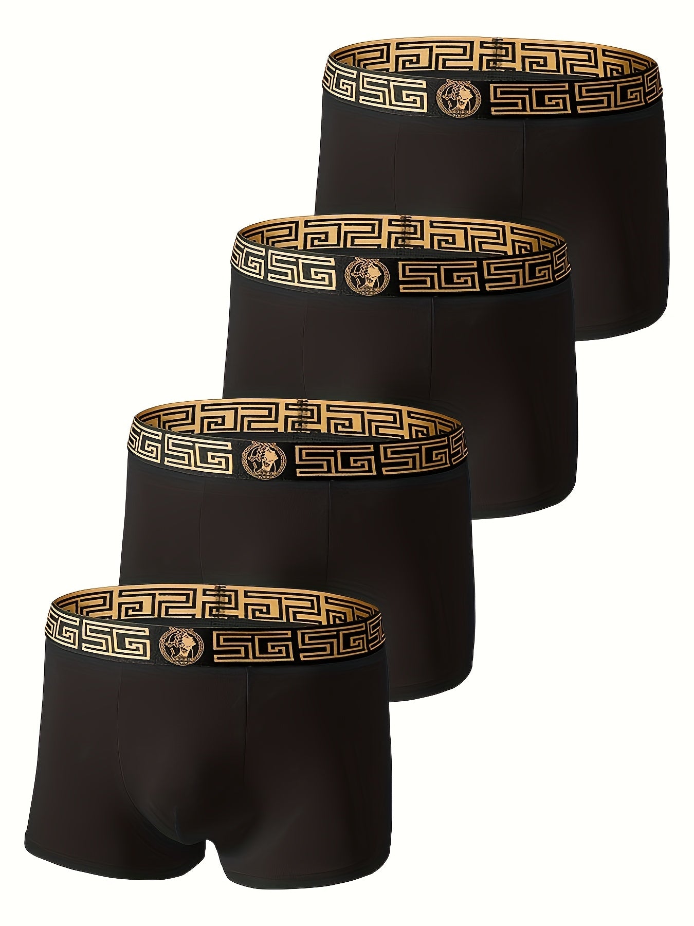 Conjunto de 4 Cuecas Boxer Pretas e Douradas - Viscose Macia e Respirável, Confortável para Uso Diário, Ajuste Slim com Elasticidade, Design em Cor Sólida, Roupa Íntima Casual | Cuecas Boxer | Cuecas Boxer para Oferta