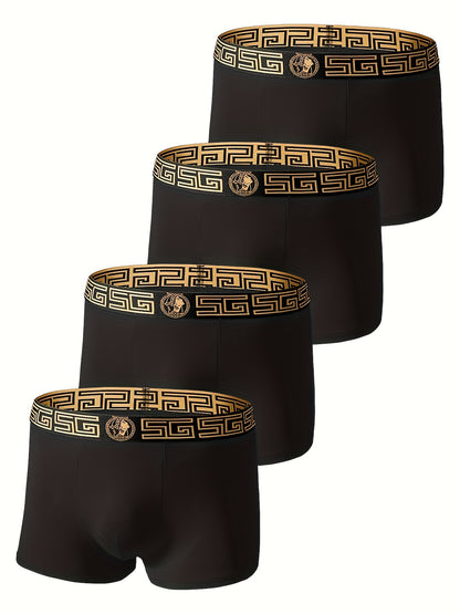 Conjunto de 4 Cuecas Boxer Pretas e Douradas - Viscose Macia e Respirável, Confortável para Uso Diário, Ajuste Slim com Elasticidade, Design em Cor Sólida, Roupa Íntima Casual | Cuecas Boxer | Cuecas Boxer para Oferta