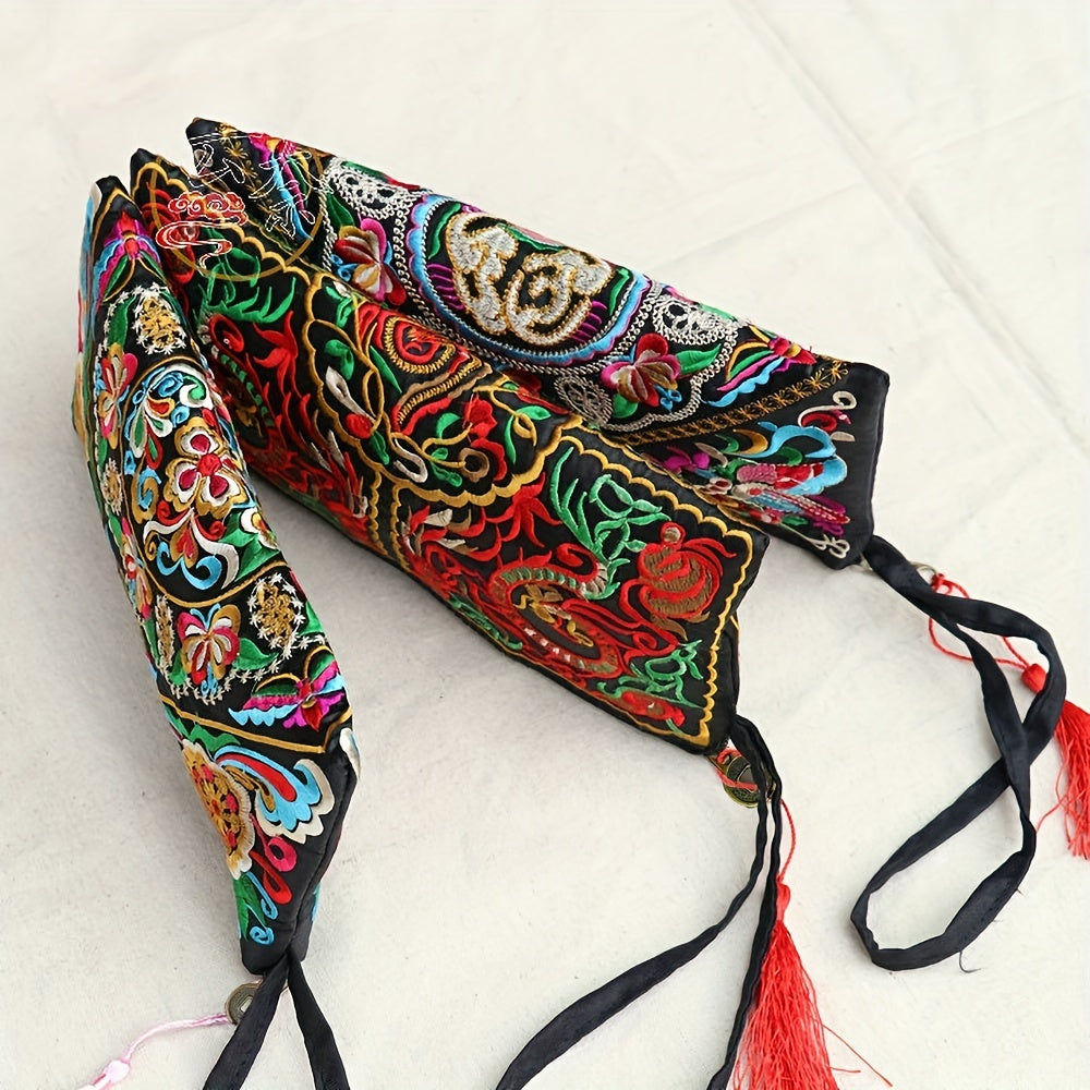 Retro Style Square Purse, Ethnic Style Phone Clutches, Floral Embroidery Handbag With Wristlet