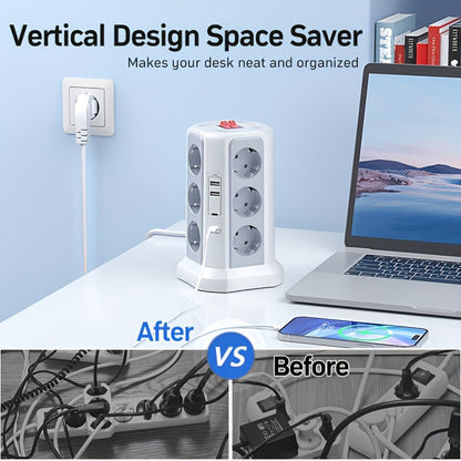 EU Multifunctional Power Tower Plug with 2 USB A Ports And 2 USB C Ports, HAFINO Triple 12-position Multi-socket Power Strip with PD 20W Fast Charging (4000W 16A) for Home And Office Scenarios