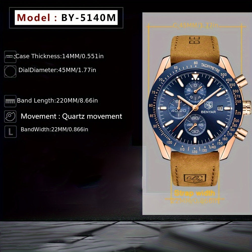 BY BENYAR Men'S Quartz Chronograph Watch - Luminous, Stainless Steel, Blue Dial with Date & Stopwatch, Faux Leather Strap, Elegant Business & Casual Style, Perfect Gift for Men, Professional Chronograph | Sleek Watch Design |