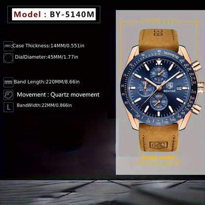 BY BENYAR Men'S Quartz Chronograph Watch - Luminous, Stainless Steel, Blue Dial with Date & Stopwatch, Faux Leather Strap, Elegant Business & Casual Style, Perfect Gift for Men, Professional Chronograph | Sleek Watch Design |
