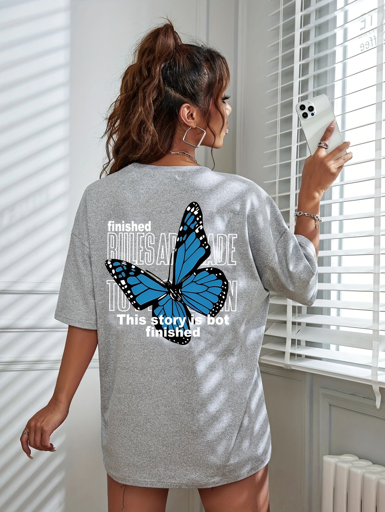 Butterfly Print Loose Sports Short Sleeves Top, Round Neck Running Casual T-shirt, Women's Activewear