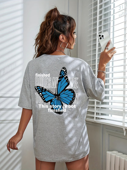 Butterfly Print Loose Sports Short Sleeves Top, Round Neck Running Casual T-shirt, Women's Activewear