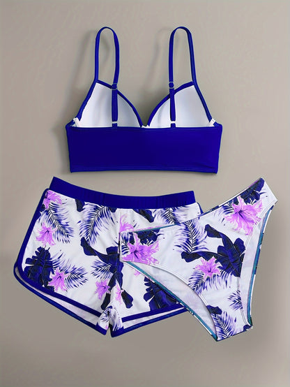 Floral Leaf Print Stretchy 3 Piece Set Swimsuits, Cross Spaghetti Strap Push Up Bikini & Boxer Shorts, Women's Swimwear & Clothing