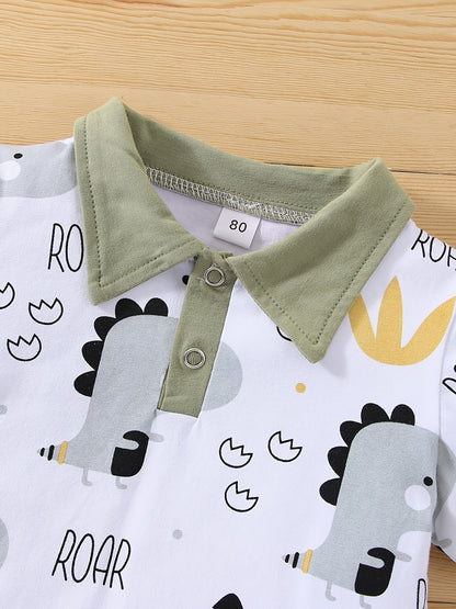 Boys' Summer Collared Animal Print Short Sleeve Shorts Set, Perfect for Outdoor