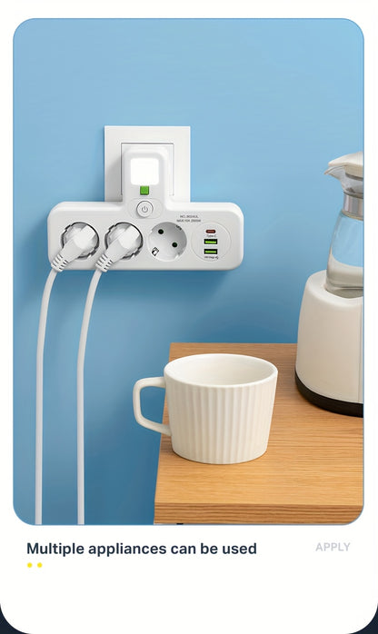 European Plug USB Adapter with 2 USB Ports, 1 C-Shaped Independent Switch, No-Blocking Compact Design, 10A 2500W, Suitable for Home Office Kitchen, Modern Plug Design, Durable Power Outlet