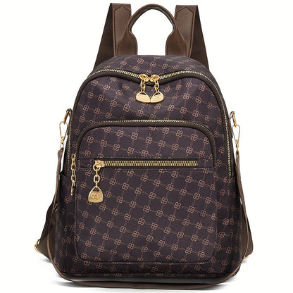 Women's Clover Backpack - Large Capacity, Adjustable Straps,, Zip Closure, Geometric Pattern, Beige//Black, Casual College Style, Perfect for Students and Travel, Backpack for School