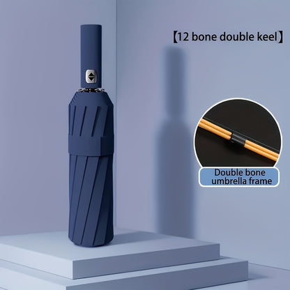 Large Automatic Folding Umbrella - Double Rib Design, Windproof &, 12 Ribs, Compact & Durable, Black with Orange Accents, Dual User Coverage, | Fashion Accessory | High-quality Fabric, Outdoor Umbrella