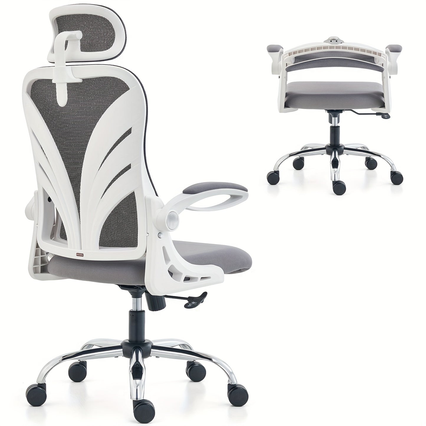 Ergonomic Office Chair with Foldable Space-Saving Design, Breathable Mesh Back &amp; Adjustable Lumbar Support, Flip-Up Armrests, Height-Adjustable - Heavy-Duty Plastic Frame, Foam Padding, White/Black Color Options - Ideal for H