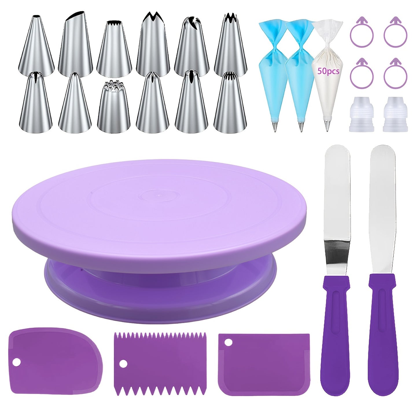 76pcs Stainless Steel Piping Nozzles Cake Turntable Set, 12 Nozzles, 1 Turntable, 2 Reusable Piping Bags, 50 Disposable Piping Bags, 4 Silicone Rings, 2 Converters, 2 Icing Spatulas, 3 Icing Scrapers, Cake Decorating, Nozzles