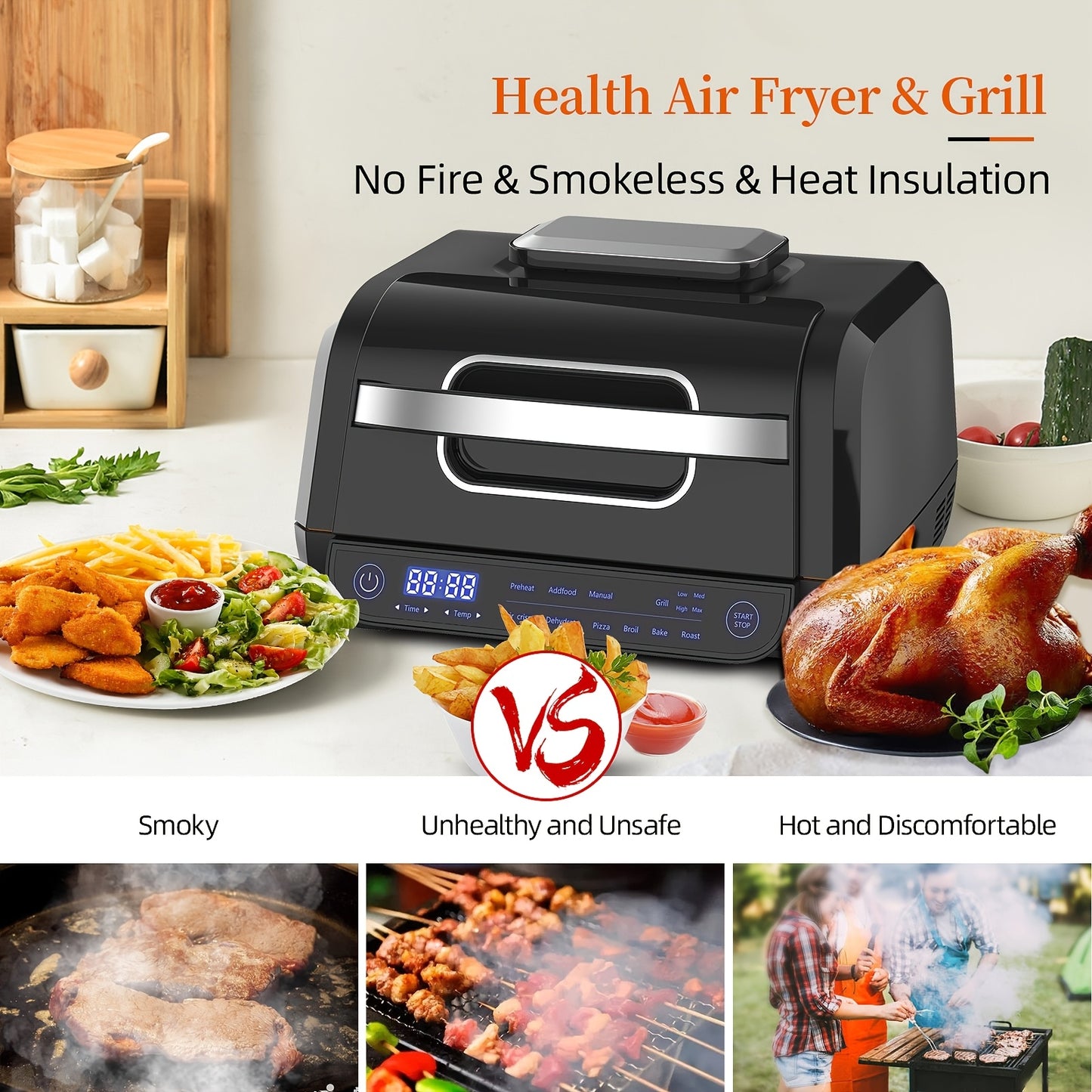 8-in-1 Grill Hot Air Fryer, 6L Capacity Airfryer, Electric Grill with Touch Control, 120-Minute Timer, 1700W, Black