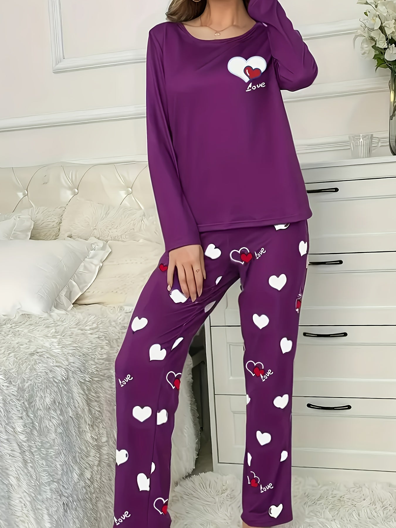 Plus Size Casual Heart Print Round Neck Long Sleeve Pantsuit