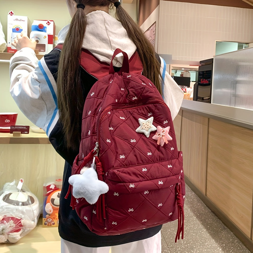 HUOHUO Large Capacity Backpack - Stylish Red & White Quilted Design with Star & Bow Accents, Adjustable Straps, Multiple Compartments, Perfect for School, Commuting, and Everyday Use, Backpack for School, Commuter Bag, Playfu
