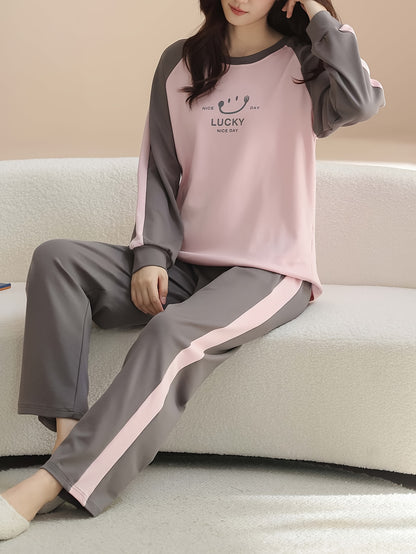 Women'S Cozy Long Sleeve Pajama Set - Soft Pink & Gray, "Lucky Day" Design, Casual Crew Neck, Long Length, Perfect for Fall/Winter, Comfortable Home Wear, Cozy Clothing | Playful Design | Soft Fabric, Ladie Long Sleeve Nightd
