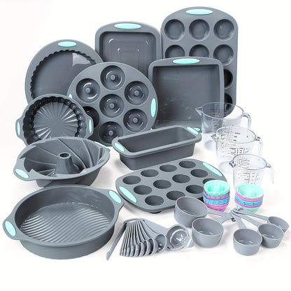 45pcs/set, Silicone Baking Set, Nonstick Bakeware Set Baking Cookie Sheets Cake Muffin Bread Pan, Loaf Pan, Cake Pan, Pizza Pan, Mini Cupcake Mold, Bundt Pan, Charlotte Cake Pan, Measuring Cup And Spoon, Baking Tools