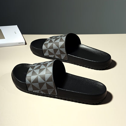Men's Summer Slide Sandals - Non-Slip Soft Sole Casual Slippers with Geometric Pattern, Black & Gray, Comfortable for Indoor & Outdoor Use