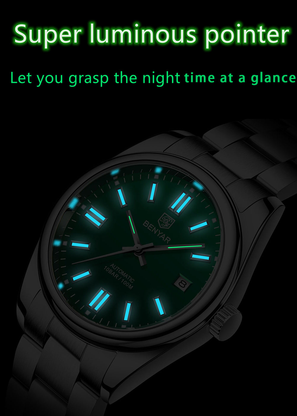 1pc BENYAR Men's Mechanical Wristwatch, 10Bar Waterproof Automatic Watch, Stainless Steel Sports Diving Watch For Men, Ideal choice for Gifts