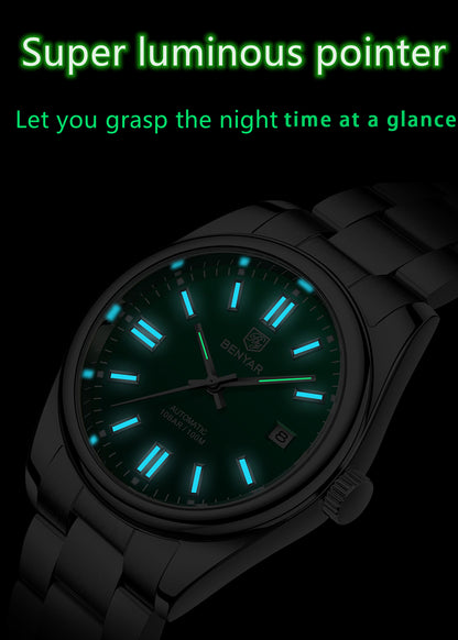 1pc BENYAR Men's Mechanical Wristwatch, 10Bar Waterproof Automatic Watch, Stainless Steel Sports Diving Watch For Men, Ideal choice for Gifts