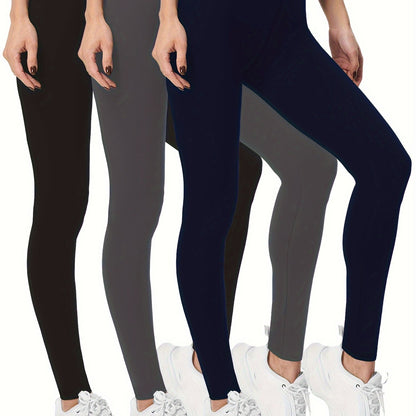 3-Pack High-Elasticity Slim-Fit 9/10 Length Pants - Solid Color Tight Waist All-Season Trousers, Machine Washable &amp; Dry Cleanable, Casual to Dressy Wear (Compatible with Skirts/Blouses) - Bulk Pack for Cost Savings &amp; Easy War