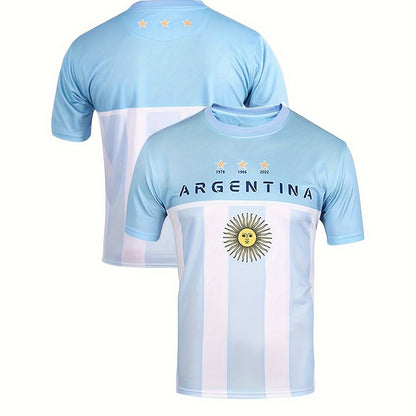 Men's Letter ARGENTINA Print Breathable Football Jersey, Active Slightly Stretch Crew Neck Short Sleeve Soccer Club Uniform Shirt For Training Competition Party