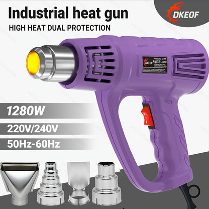 DKEOF Turbo Heat Gun Pro - 1280W High-Power Industrial Heat Gun with 4-Nozzle Kit, 100-600°C Precision Temperature Control, Overheat Protection, Durable Construction, Ergonomic Design, Heavy-Duty Metal Construction for Weldi