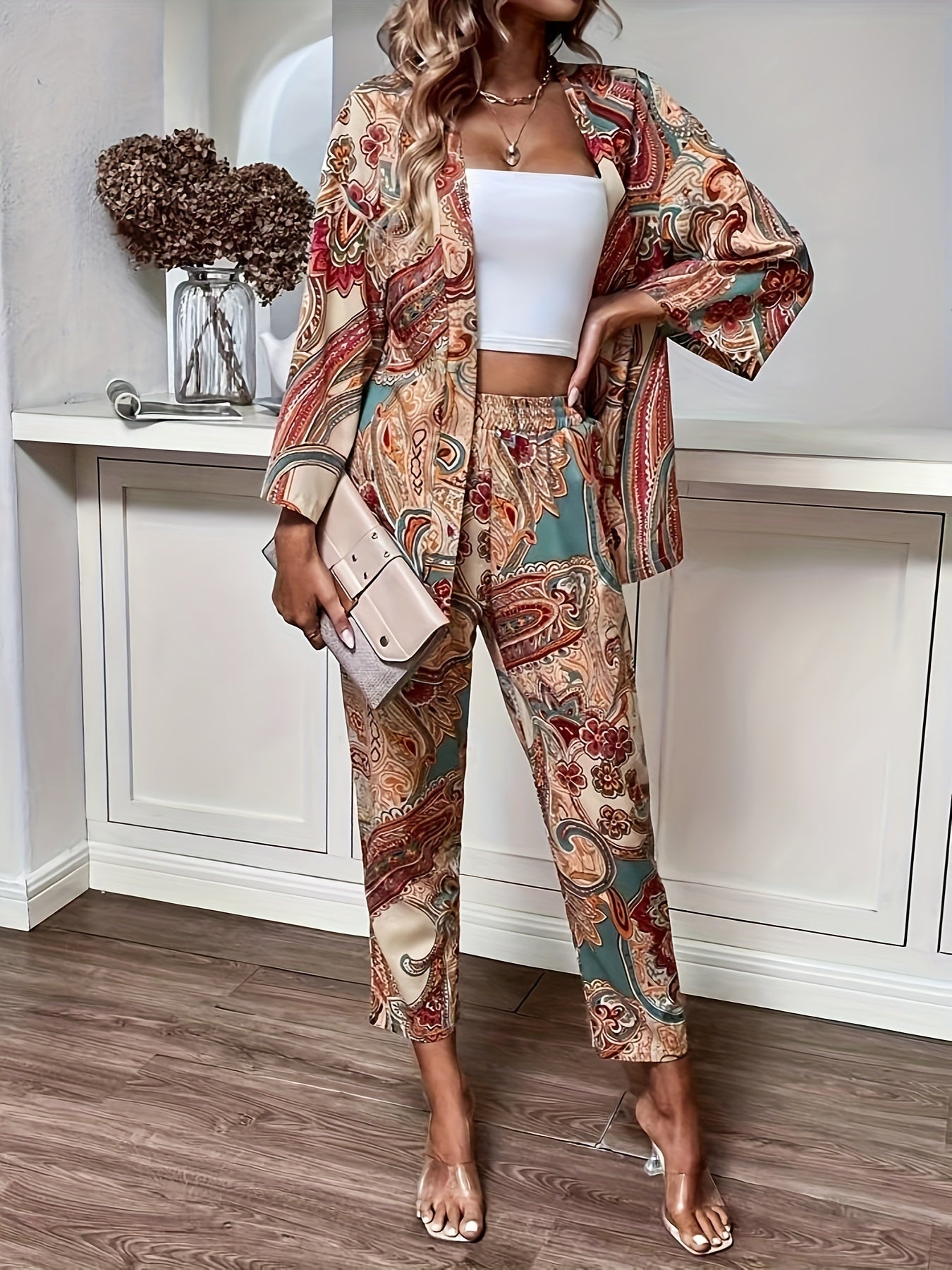 Boho Paisley Print Pants Set, Button Front Long Sleeve Blouse & Straight Leg Pants Outfits, Women's Clothing
