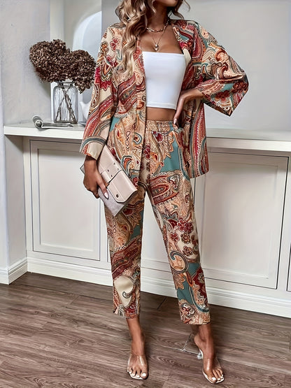 Boho Paisley Print Pants Set, Button Front Long Sleeve Blouse & Straight Leg Pants Outfits, Women's Clothing