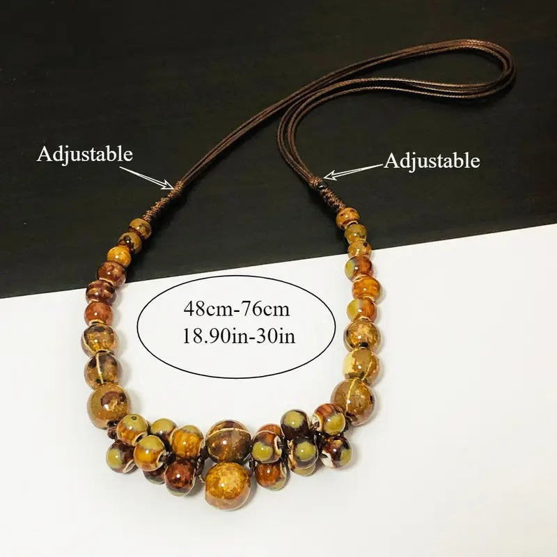 Handwoven Bohemian Women's Necklace - Marbled Ceramic Beads in Earthy Brown/Green/Blue/Golden/Black, Chunky Multi-Color Large Bead Statement Jewelry, Year-Round Versatile Boho-Chic Accessory for Daily Wear & Special Occasions