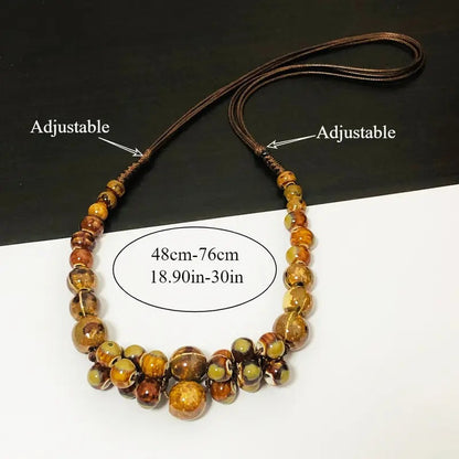 Handwoven Bohemian Women's Necklace - Marbled Ceramic Beads in Earthy Brown/Green/Blue/Golden/Black, Chunky Multi-Color Large Bead Statement Jewelry, Year-Round Versatile Boho-Chic Accessory for Daily Wear & Special Occasions
