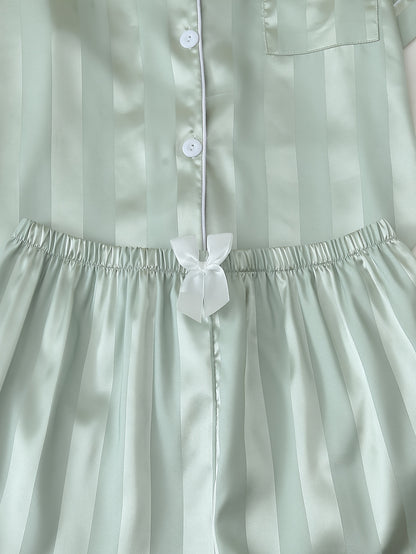 2 Sets Women's Striped Satin Casual Pajama Set, Short Sleeve Buttons Lapel Top & Shorts, Comfortable Relaxed Fit