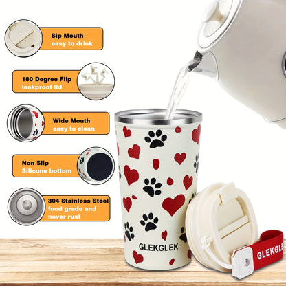 Glekglek 510ml Insulated Travel Mug with Paw Print &amp; Heart Design - Double Wall, Dent Prevention, Dishwasher Safe, Portable Coffee Mug for Valentine's Day, Thanksgiving, Christmas, Father's Day, Teacher's Day, Festive Drinks