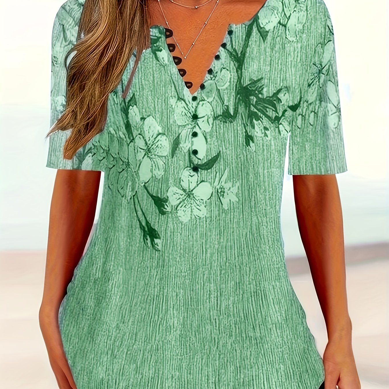 Floral Print Button Front T-shirt, Casual Short Sleeve Summer T-shirt, Women's Clothing