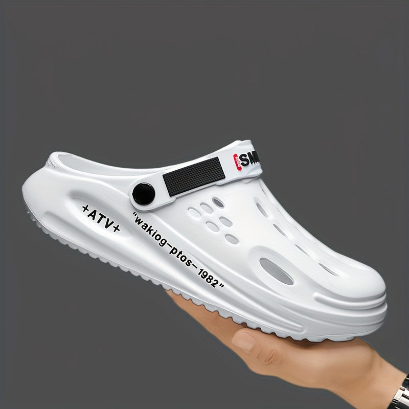 Men's Trendy Thick-Sole EVA Clogs with Alphabet Design - Slip-On, Breathable Garden Shoes with Secure Yellow Strap & "SMN WALKING PROS" Insole Print for Outdoor Comfort, Chunky Shoes