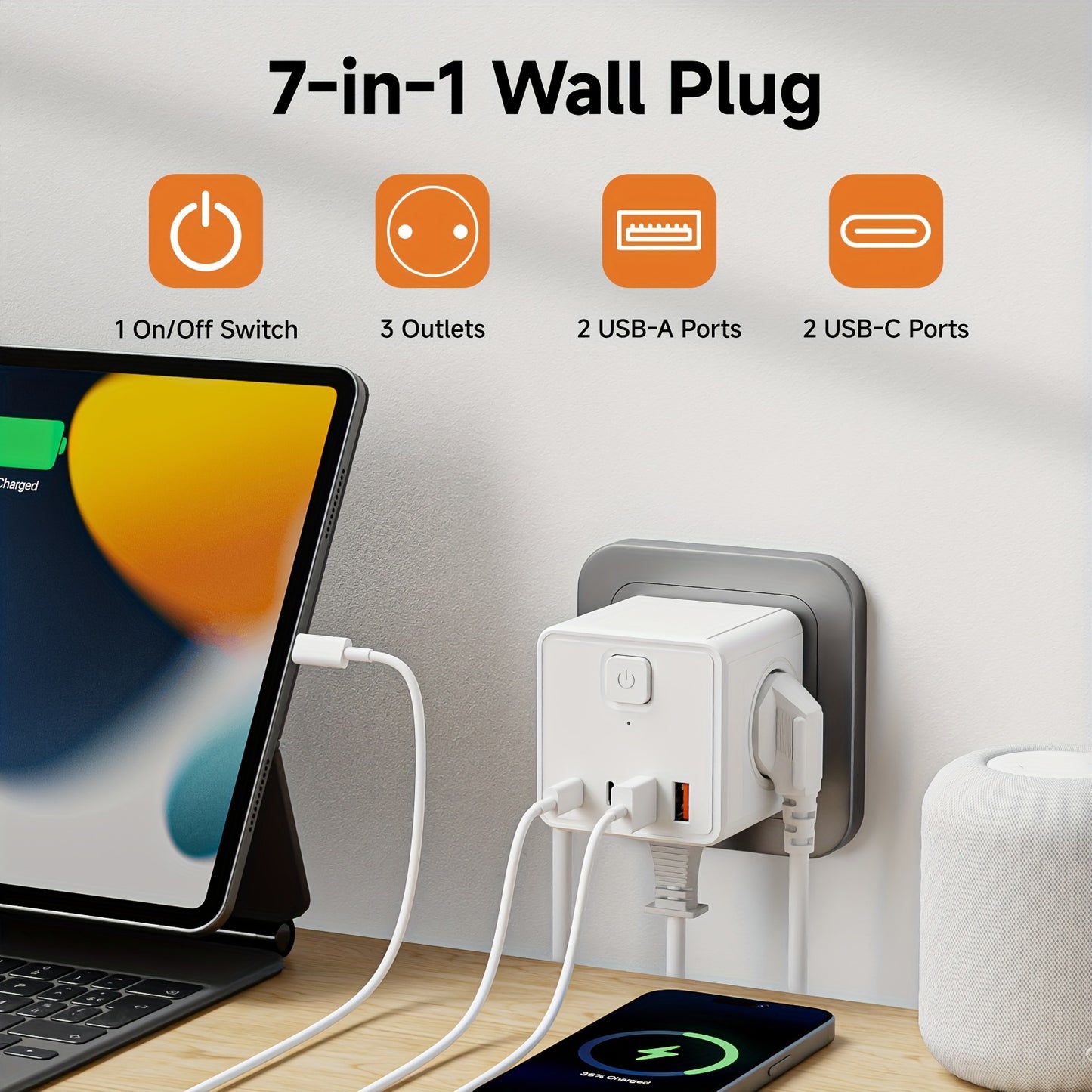 7-in-1 EU Wall Power Strip, 3 AC Outlets & 2 USB & 2 Type-C & with 1 Switch, Suitable for Home, Office, Travel, Computer, White and Black