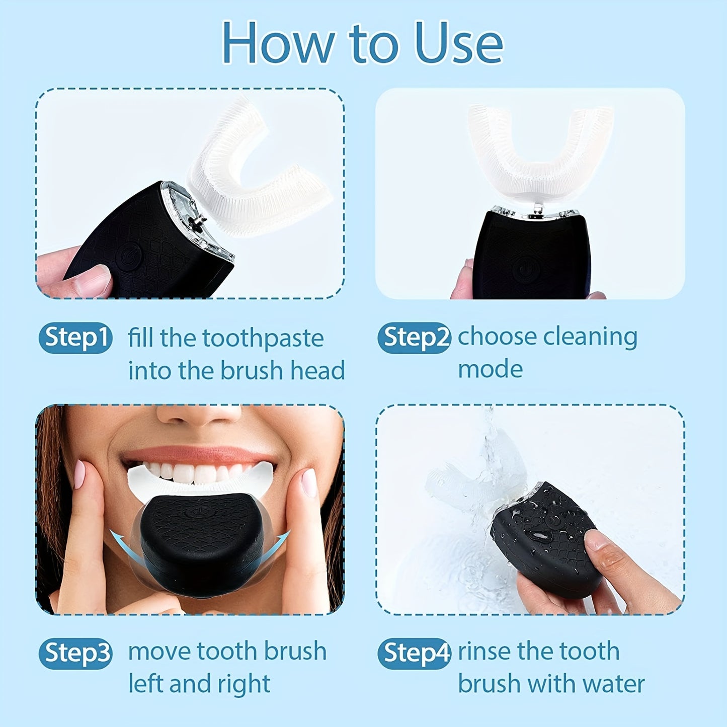 Electric Soundwave technology U-Shaped Toothbrush with LED Light - 360° Mouth Cleansing, 3 Whitening Modes, Rechargeable & Washable for Travel and Home Use, EAFC