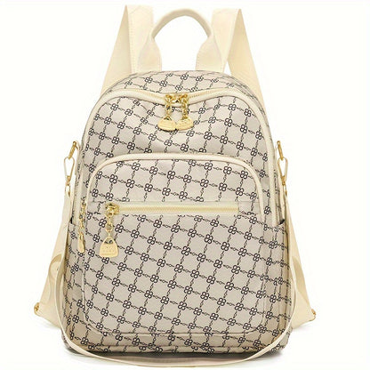 Women's Clover Backpack - Large Capacity, Adjustable Straps,, Zip Closure, Geometric Pattern, Beige//Black, Casual College Style, Perfect for Students and Travel, Backpack for School