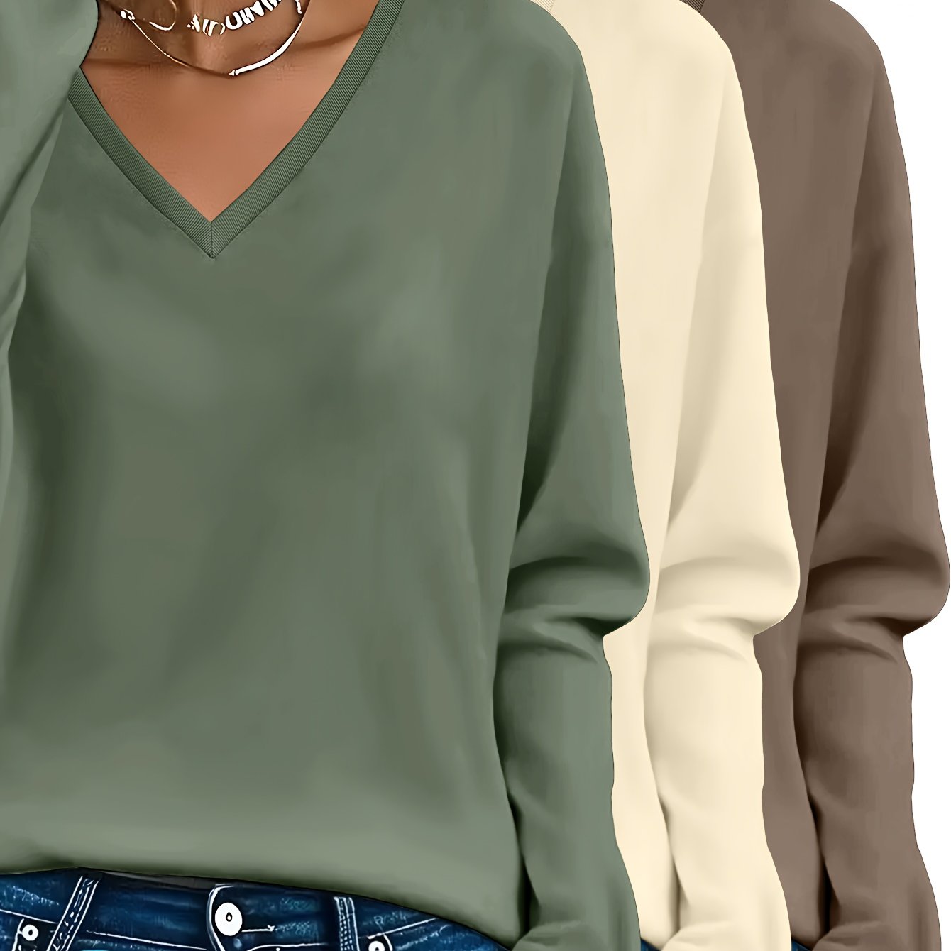 3pcs Women'S 100% V-Neck Long Sleeve T-Shirts - Soft, Durable, and Comfortable Casual Wear for All Seasons, Perfect for Holidays, Graduations, and Everyday Style, Everyday Comfort Wear | Minimalist Style | Soft Fabric Tee