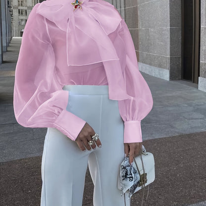 Elegant Plus Size Women'S Blouse with Sexy Bow Collar, Bubble Sleeves, and Pearl Accents - Chic Solid Color Non-Stretch Fabric for All Seasons, Plus Size Blouses