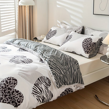 3pcs Love Leopard Print Multicolor Printed Duvet Cover Set, Polyester, All-Season, Zipper Closure, Woven Fabric, with Pillowcase, Machine Washable, Printing, Sanded Finish, 90g Fabric Weight, Non-Woven Fabric, Duvet Insert No