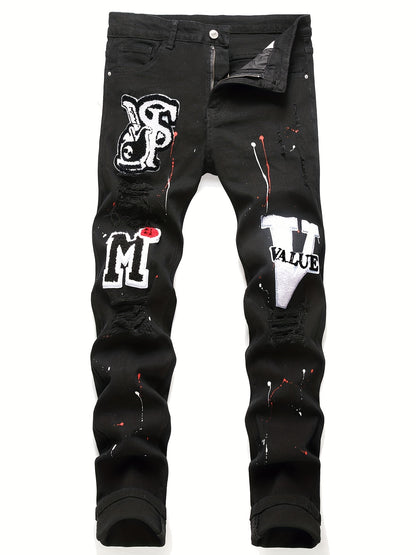 Patch Splatter Ripped Jeans, Men's Casual Street Style Distressed Slim Fit High Stretch Denim Pants For Spring Summer
