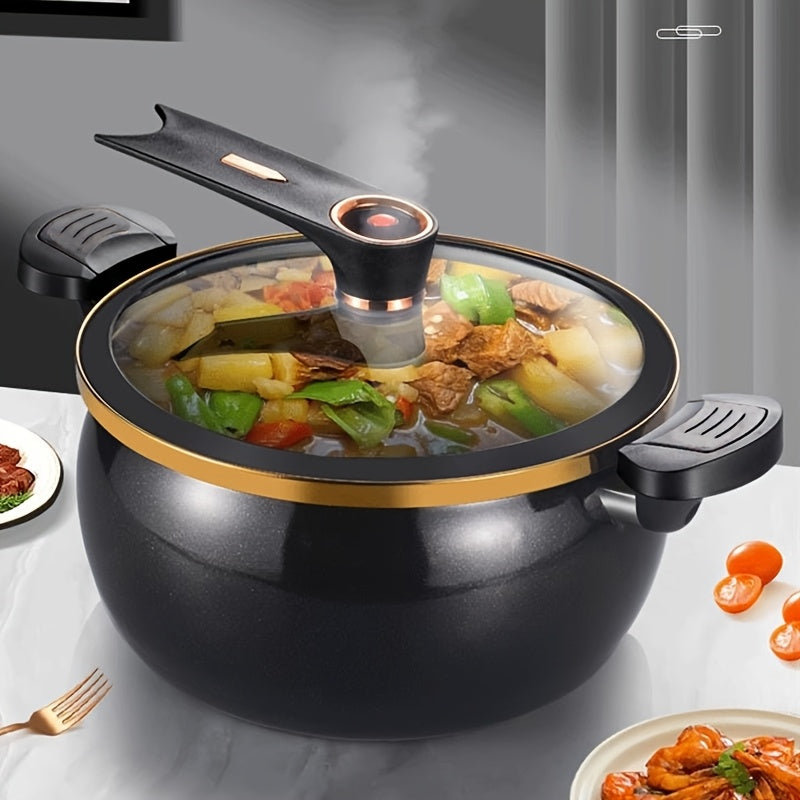 8L Large Cast Iron Stew Pot with Lock Lid - Multifunctional Soup Pot, Suitable for Fast Boiling, Compatible with Gas Stoves, Black Golden Rim | Stylish Black Cookware | Glass Lid Design, Home Gift