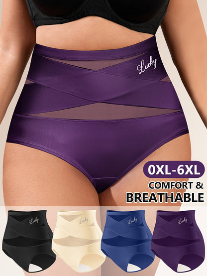 4pcs Plus Size High-Waist Tummy Control Women's Panties, Breathable Mesh Seamless Cross Detail Shapewear Briefs