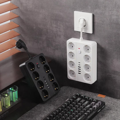 1pc 14-in-1 Surge Protector Power Strip with USB Chargers, 4 USB-A Ports & 2 USB-C Ports, 8 AC Outlets, Compact Desktop Charger Wall Mount, European Standard Plug, 220-240V, Ideal for Office, School, and Dormitory Use, Office