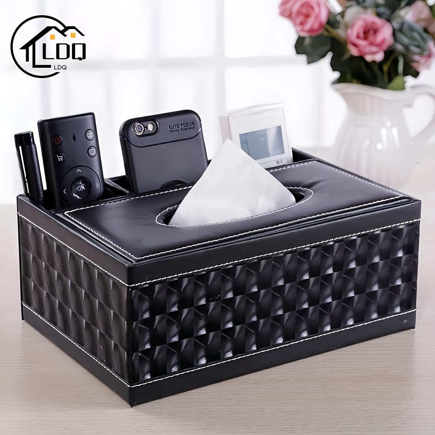 LDQ Multi-Functional Faux Leather Tissue&Storage Box with 4 Compartments Includes Remote Control&Household Napkin Storage, Wipe-Clean in Seconds, Ideal for Living Room, Study&Café Countertops Perfect for Home Supplies Back t