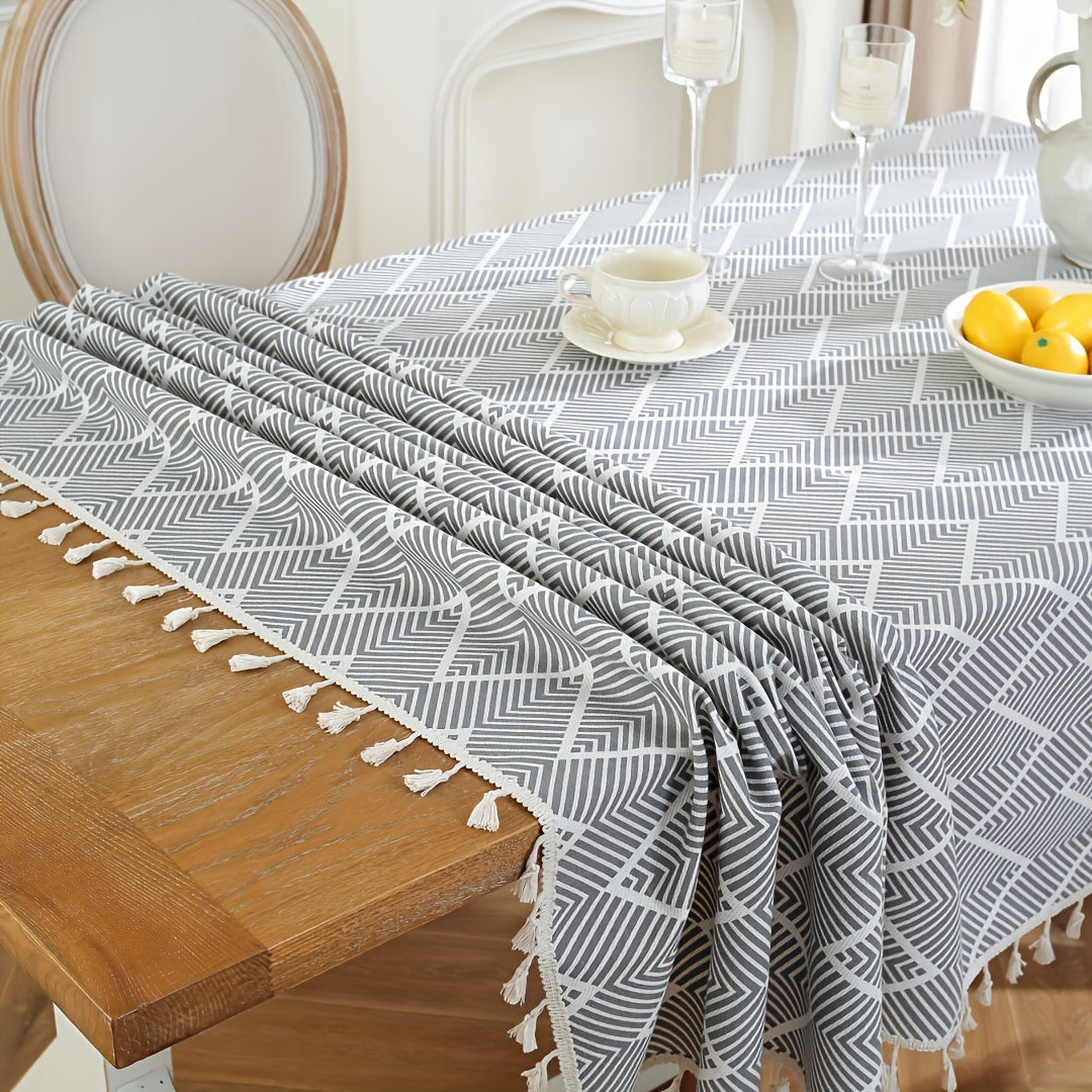 1pc, Bohemian Geometric Wave Pattern Tablecloth - European Style Cotton and Linen Rectangular Tablecloth for Farmhouse, Restaurant, Picnic, Camping, Birthday Party Decoration and Home Decor