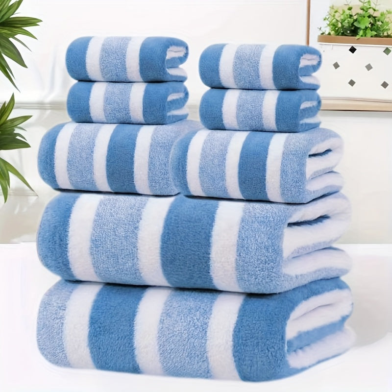 8pcs Set of Lint-Free, Super Absorbent And Super Soft Five-Star Hotel Standard Two-Color Striped Bath Towel Set, Including 2 Large Bath Towels, 2 Large Face Towels And 4 Hand Towels - Quick Drying | with Hanging Loop | Light